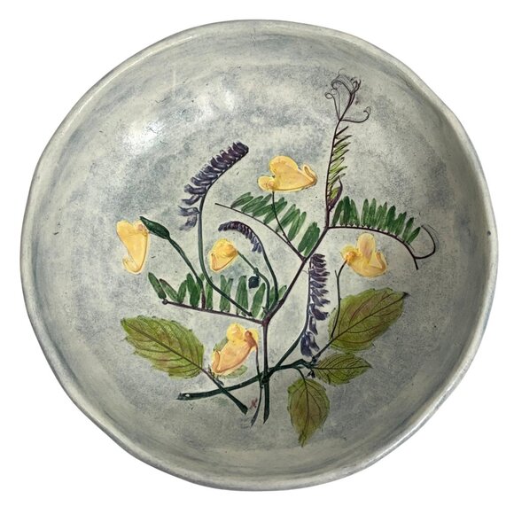 SALT MARSH Pottery Bowl Dish Wall Hanging Flowers Vetch/Jewelweed Signed EUC - Picture 2 of 7